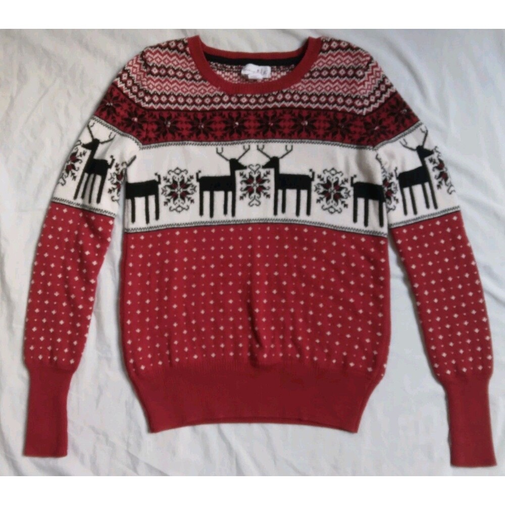 Shrinking Violet Fair Isle Sweater Reindeer Red Knit Pullover Women's Medium